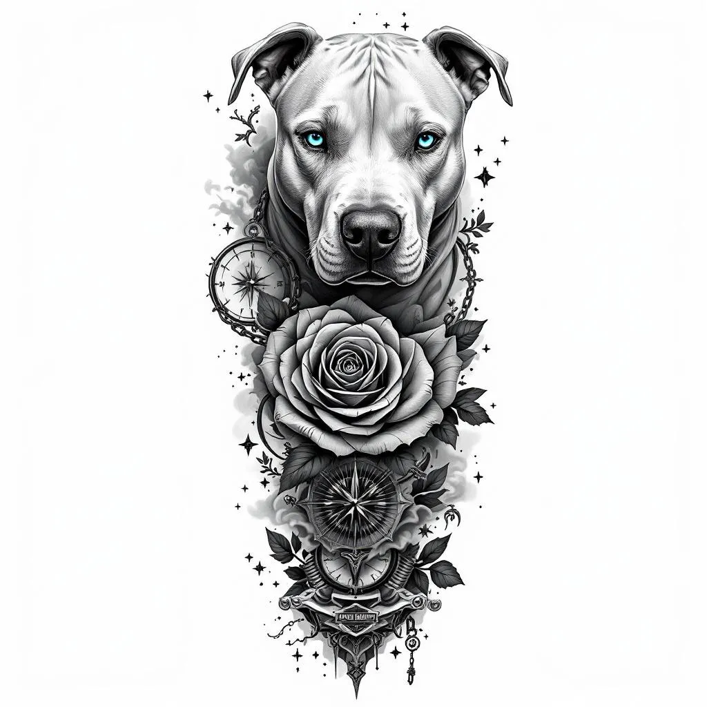 Black and grey realistic tattoo leg sleeve design, full leg composition from thigh to shin, cohesive flow, high contrast shading.

Main elements:
- Upper thigh: realistic portrait of an all-white pitbull with strong facial detail, short fur texture, centered composition, calm but strong expression, ONLY the eyes in bright icy blue, all other elements black and grey.
- Knee area: detailed money rose made from folded US dollar bills, engraved style linework, highly detailed petals, slightly wrapping around the knee for natural flow.
- Lower leg (calf/shin): Harley Davidson Iron 883 motorcycle, realistic but slightly stylized, clean linework with smooth shading, angled slightly for dynamic composition.

Filler and flow elements:
- Smoke, clouds, and soft shading transitions connecting all pieces
- Subtle chains wrapping through the design
- Compass and timepiece (clock or hourglass) blended into background
- Light geometric accents and small stars for detail
- Depth and layering to avoid flat “sticker” look

Style:
- Black and grey realism with fine line detail
- High contrast, smooth shading, no color except the dog’s blue eyes
- Tattoo-ready design with natural body flow (not separate images)
- Clean background, skin breaks for readability
- Professional tattoo sleeve composition

Avoid:
- cartoon style
- bright colors (only blue eyes allowed)
- cluttered or overcrowded layout
