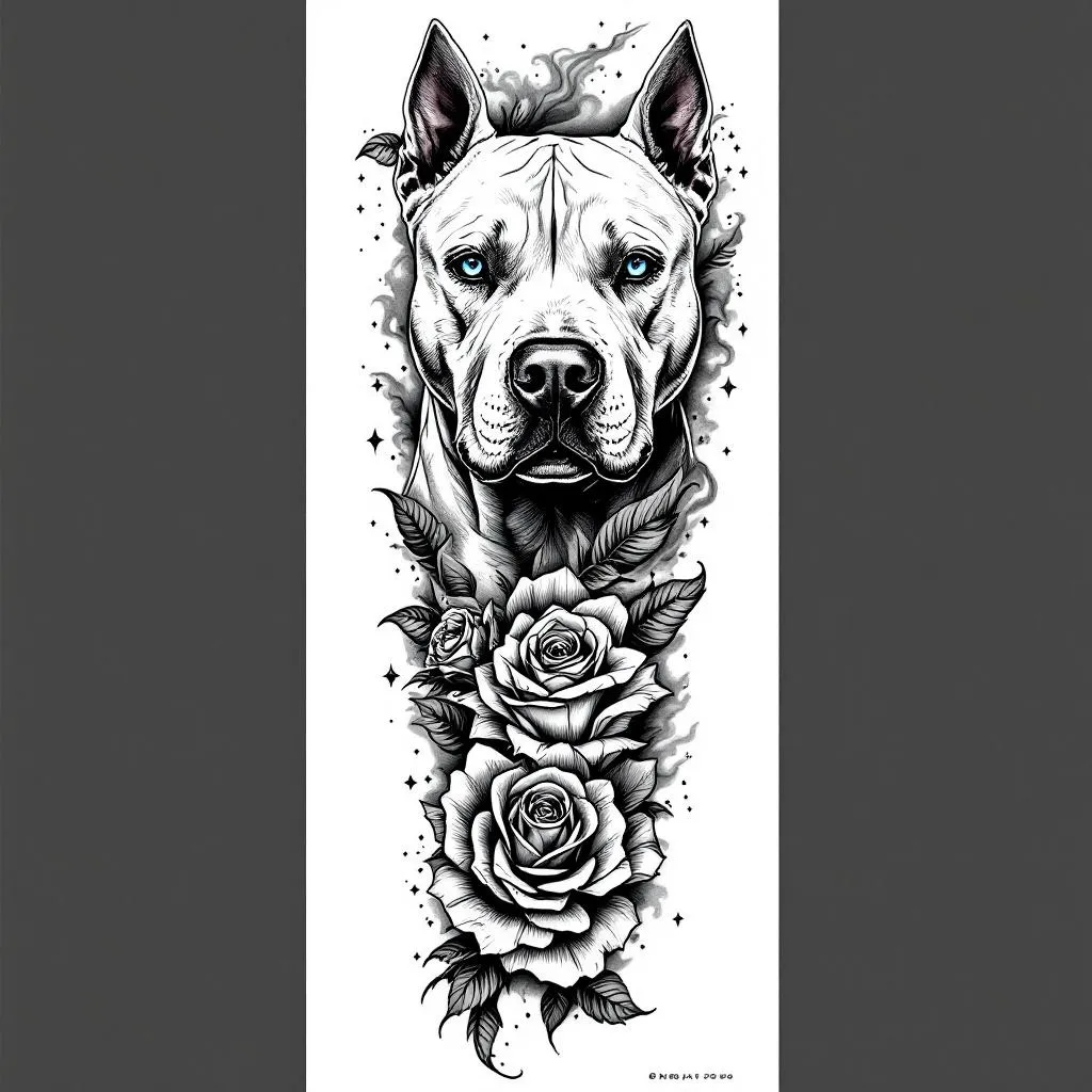 Black and grey realistic tattoo leg sleeve design, full leg composition from thigh to shin, cohesive flow, high contrast shading.

Main elements:
- Upper thigh: realistic portrait of an all-white pitbull with strong facial detail, short fur texture, centered composition, calm but strong expression, ONLY the eyes in bright icy blue, all other elements black and grey.
- Knee area: detailed rose with pedals made from folded US dollar bills, engraved style linework, highly detailed petals, slightly wrapping around the knee for natural flow.
- Lower leg (calf/shin): Harley Davidson 883 Iron motorcycle, realistic but slightly stylized, clean linework with smooth shading, angled slightly for dynamic composition.

Filler and flow elements:
- Smoke, clouds, and soft shading transitions connecting all pieces
- Subtle chains wrapping through the design
- Light geometric accents and small stars or diamonds for detail
- Depth and layering to avoid flat “sticker” look

Style:
- Black and grey realism with fine line detail
- High contrast, smooth shading, no color except the dog’s blue eyes
- Tattoo-ready design with natural body flow (not separate images)
- Clean background, skin breaks for readability
- Professional tattoo sleeve composition

Avoid:
- cartoon style
- bright colors (only blue eyes allowed)
- cluttered or overcrowded layout
