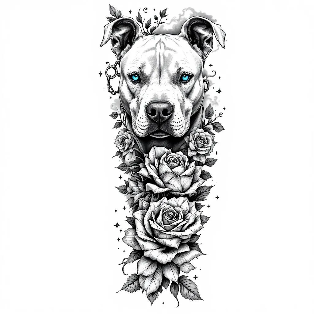 Black and grey realistic tattoo leg sleeve design, full leg composition from thigh to shin, cohesive flow, high contrast shading.

Main elements:
- Upper thigh: realistic portrait of an all-white pitbull with strong facial detail, short fur texture, non-erected ears, centered composition, calm but strong expression, ONLY the eyes in bright icy blue, all other elements black and grey.
- Knee area: detailed rose with the pedals made from folded US dollar bills, engraved style linework, highly detailed petals, slightly wrapping around the knee for natural flow.
- Lower leg (calf/shin): 883 
Iron Harley Davidson motorcycle, realistic but slightly stylized, clean linework with smooth shading, angled slightly for dynamic composition.

Filler and flow elements:
- Smoke, clouds, maps, nature, and soft shading transitions connecting all pieces
- Subtle chains wrapping through the design
- Light geometric accents and small stars or diamonds for detail
- Depth and layering to avoid flat “sticker” look

Style:
- Black and grey realism with fine line detail
- High contrast, smooth shading, no color except the dog’s blue eyes
- Tattoo-ready design with natural body flow (not separate images)
- Clean background, skin breaks for readability
- Professional tattoo sleeve composition

Avoid:
- cartoon style
- bright colors (only blue eyes allowed)
- cluttered or overcrowded layout
