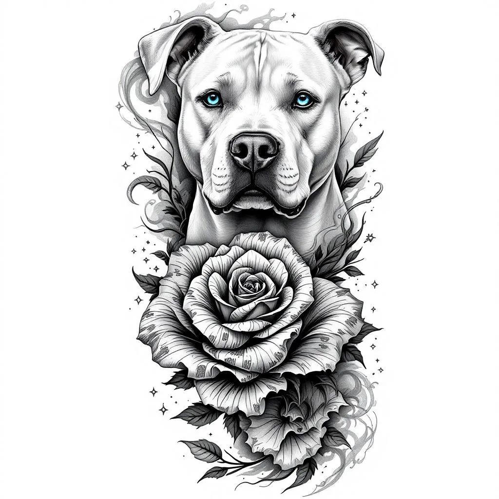 Black and grey realistic tattoo leg sleeve design, full leg composition from thigh to shin, cohesive flow, high contrast shading.

Main elements:
- Upper thigh: realistic portrait of an all-white pitbull with strong facial detail, short fur texture, non-erected ears, centered composition, calm but strong expression, ONLY the eyes in bright icy blue, all other elements black and grey.
- Knee area: detailed rose with the pedals made from folded US dollar bills, engraved style linework, highly detailed petals, slightly wrapping around the knee for natural flow.
- Lower leg (calf/shin):  highly detailed 883 
Iron Harley Davidson motorcycle, realistic but slightly stylized, clean linework with smooth shading, angled slightly for dynamic composition.

Filler and flow elements:
- Smoke, clouds, maps, nature, and soft shading transitions connecting all pieces
- Subtle chains wrapping through the design
- Light geometric accents and small stars or diamonds for detail
- Depth and layering to avoid flat “sticker” look

Style:
- Black and grey realism with fine line detail
- High contrast, smooth shading, no color except the dog’s blue eyes
- Tattoo-ready design with natural body flow (not separate images)
- Clean background, skin breaks for readability
- Professional tattoo sleeve composition

Avoid:
- cartoon style
- bright colors (only blue eyes allowed)
- cluttered or overcrowded layout
