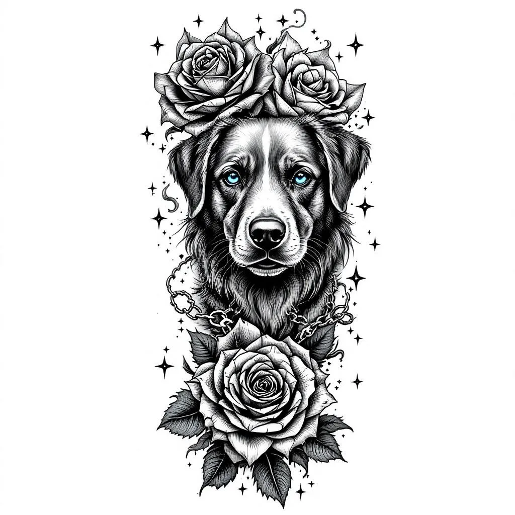 Black and grey realistic tattoo leg sleeve design, cohesive flow, high contrast shading.

- Knee area: detailed rose with the pedals made from folded US dollar bills, engraved style linework, highly detailed petals, slightly wrapping around the knee for natural flow.
- Lower leg (calf/shin):  highly detailed 883 
Iron Harley Davidson motorcycle, realistic but slightly stylized, clean linework with smooth shading, angled slightly for dynamic composition.

Filler and flow elements:
- Smoke, clouds, maps, nature, and soft shading transitions connecting all pieces
- Subtle chains wrapping through the design
- Light geometric accents and small stars or diamonds for detail
- Depth and layering to avoid flat “sticker” look

Style:
- Black and grey realism with fine line detail
- High contrast, smooth shading, no color except the dog’s blue eyes
- Tattoo-ready design with natural body flow (not separate images)
- Clean background, skin breaks for readability
- Professional tattoo sleeve composition

Avoid:
- cartoon style
- bright colors (only blue eyes allowed)
- cluttered or overcrowded layout
