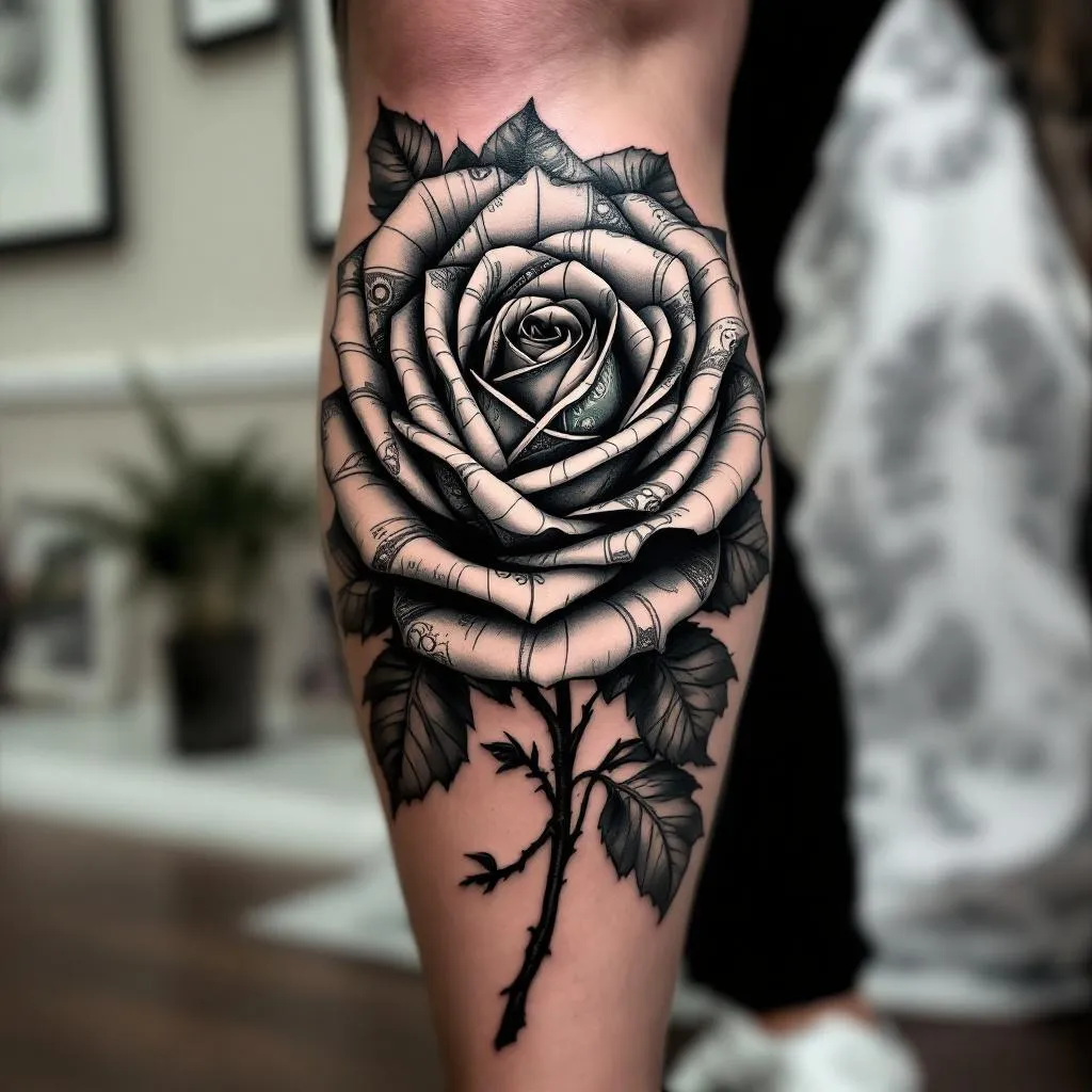 Leg Sleeve, Rose, Knee Tattoo