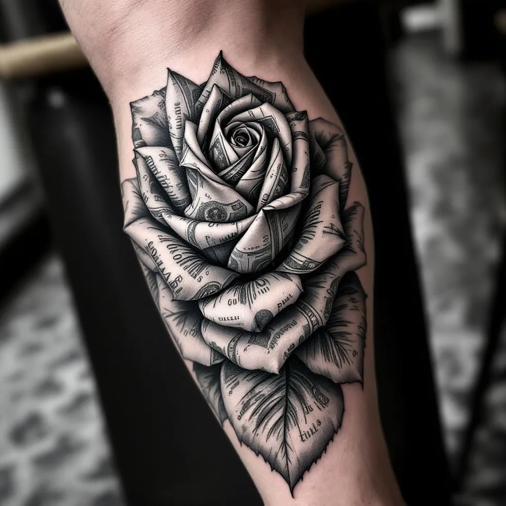 Black and grey realistic tattoo leg sleeve design, cohesive flow, high contrast shading.

- Kneecap area: detailed rose with the pedals made from folded US dollar bills, engraved style linework, highly detailed petals, slightly wrapping around the knee for natural flow.
