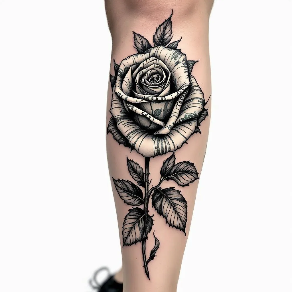 Black and grey realistic tattoo leg sleeve design, cohesive flow, high contrast shading.

detailed rose with the pedals made from folded US dollar bills, engraved style linework, highly detailed petals, slightly wrapping around the knee for natural flow.
