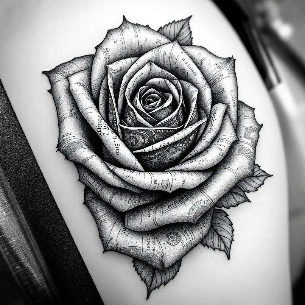 Black and grey realistic tattoo design, cohesive flow, high contrast shading.

detailed rose with the pedals made from folded US dollar bills, engraved style linework, highly detailed petals.
