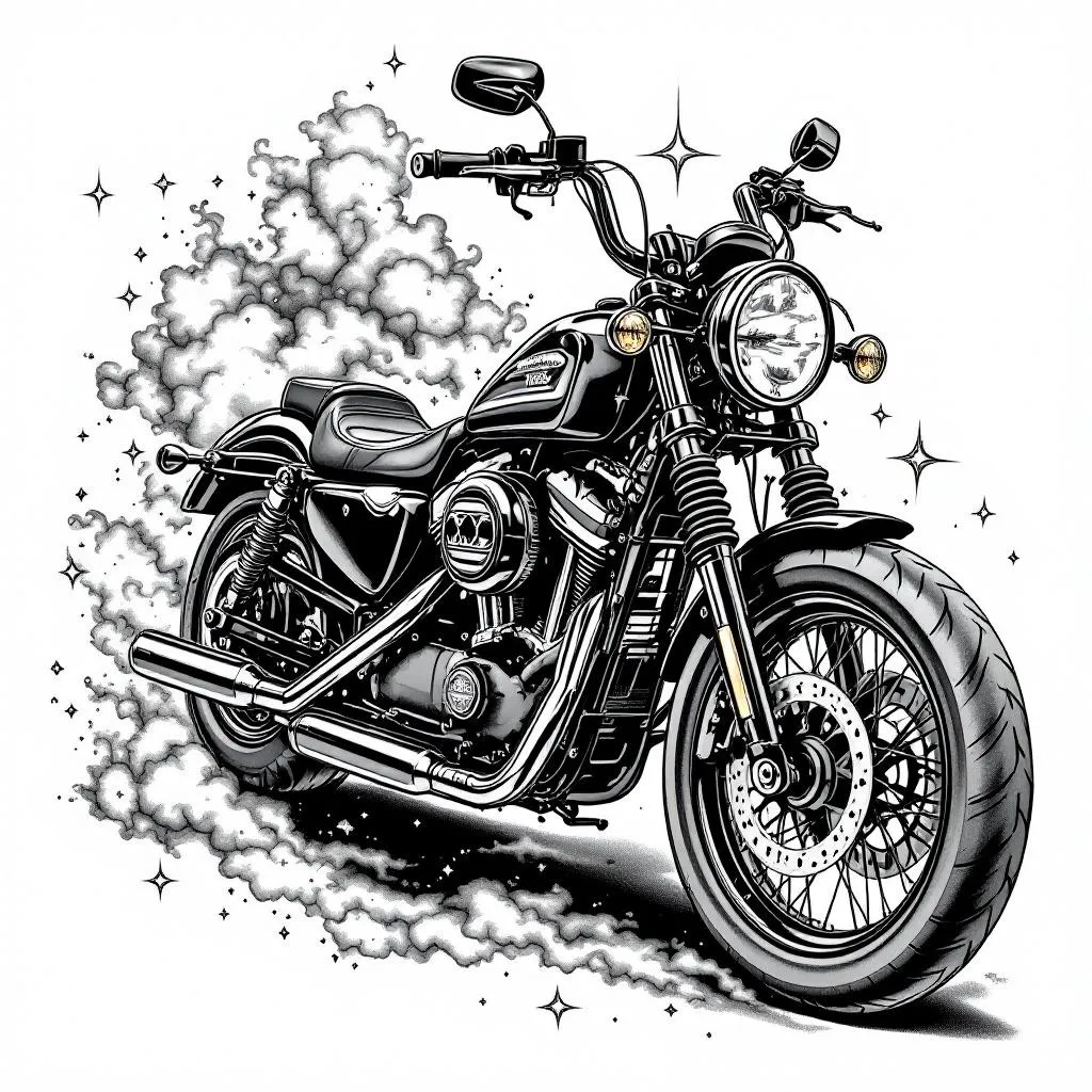 highly detailed 883 
Iron Harley Davidson motorcycle, realistic but slightly stylized, clean linework with smooth shading, angled slightly for dynamic composition.

Filler and flow elements:
- Smoke, clouds, maps, nature, and soft shading transitions connecting all pieces
- Subtle chains wrapping through the design
- Light geometric accents and small stars or diamonds for detail
- Depth and layering to avoid flat “sticker” look

