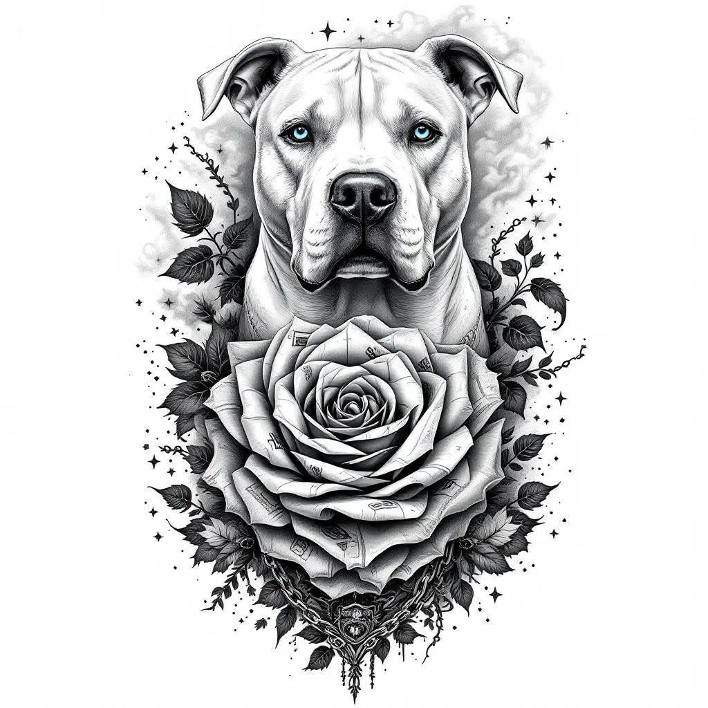 Black and grey realistic tattoo full sleeve design, cohesive flow, high contrast shading.

Main elements:
- Upper part: realistic portrait of an all-white pitbull with strong facial detail, short fur texture, non-erected ears, centered composition, calm but strong expression, ONLY the eyes in bright icy blue, all other elements black and grey.
- middle: detailed money rose made from folded US dollar bills, engraved style linework, highly detailed petals, slightly wrapping for natural flow.
- bottom: Harley Davidson Iron 883 motorcycle, realistic but slightly stylized, clean linework with smooth shading, angled slightly for dynamic composition.

Filler and flow elements:
- Smoke, clouds, and soft shading transitions connecting all pieces
- Subtle chains wrapping through the design
- Clock, map, nature blended into background
- Light geometric accents and small stars for detail
- Depth and layering to avoid flat “sticker” look

Style:
- Black and grey realism with fine line detail
- High contrast, smooth shading, no color except the dog’s blue eyes
- Tattoo-ready design with natural body flow (not separate images)
- Clean background, skin breaks for readability
- Professional tattoo sleeve composition

Avoid:
- cartoon style
- bright colors (only blue eyes allowed)
- cluttered or overcrowded layout

