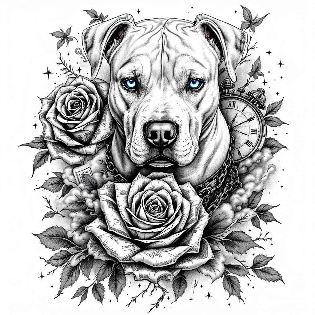 Black and grey realistic tattoo full sleeve design, cohesive flow, high contrast shading.

Main elements:
- Upper part: realistic portrait of an all-white pitbull with strong facial detail, short fur texture, non-erected ears, centered composition, calm but strong expression, ONLY the eyes in bright icy blue, all other elements black and grey.
- middle: detailed money rose made from folded US dollar bills, engraved style linework, highly detailed petals, slightly wrapping for natural flow.
- bottom: Harley Davidson Iron 883 motorcycle, realistic but slightly stylized, clean linework with smooth shading, angled slightly for dynamic composition.

Filler and flow elements:
- Smoke, clouds, and soft shading transitions connecting all pieces
- Subtle chains wrapping through the design
- Clock, map, nature blended into background
- Light geometric accents and small stars for detail
- Depth and layering to avoid flat “sticker” look

Style:
- Black and grey realism with fine line detail
- High contrast, smooth shading, no color except the dog’s blue eyes
- Tattoo-ready design with natural body flow (not separate images)
- Clean background, skin breaks for readability
- Professional tattoo sleeve composition

Avoid:
- cartoon style
- bright colors (only blue eyes allowed)
- cluttered or overcrowded layout

