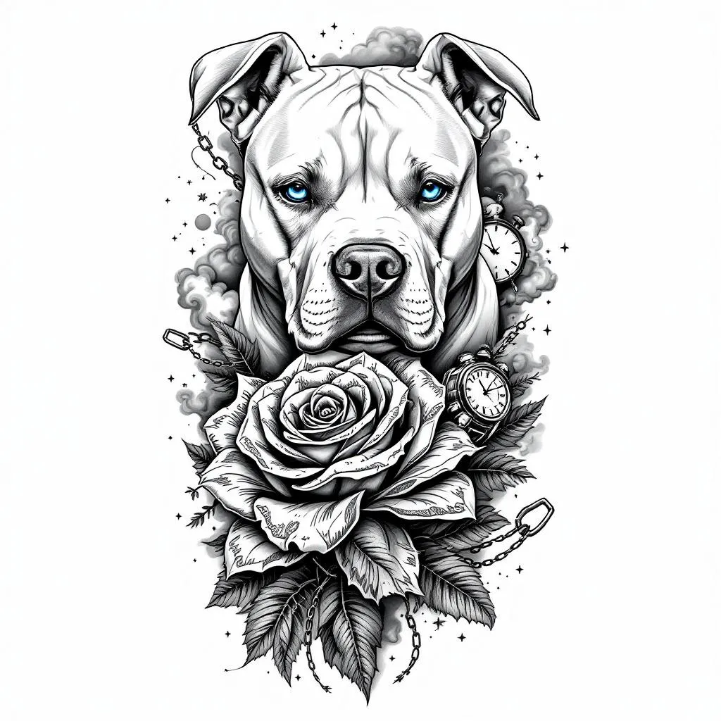 Black and grey realistic tattoo full sleeve design, cohesive flow, high contrast shading.

Main elements:
- Upper part: realistic portrait of an all-white pitbull with strong facial detail, short fur texture, non-erected ears, centered composition, calm but strong expression, ONLY the eyes in bright icy blue, all other elements black and grey.
- middle: detailed money rose made from folded US dollar bills, engraved style linework, highly detailed petals, slightly wrapping for natural flow.
- bottom: Harley Davidson Iron 883 motorcycle, realistic but slightly stylized, clean linework with smooth shading, angled slightly for dynamic composition.

Filler and flow elements:
- Smoke, clouds, and soft shading transitions connecting all pieces
- Subtle chains wrapping through the design
- Clock, map, nature blended into background
- Light geometric accents and small stars for detail
- Depth and layering to avoid flat “sticker” look

Style:
- Black and grey realism with fine line detail
- High contrast, smooth shading, no color except the dog’s blue eyes
- Tattoo-ready design with natural body flow (not separate images)
- Clean background, skin breaks for readability
- Professional tattoo sleeve composition

Avoid:
- cartoon style
- bright colors (only blue eyes allowed)
- cluttered or overcrowded layout

