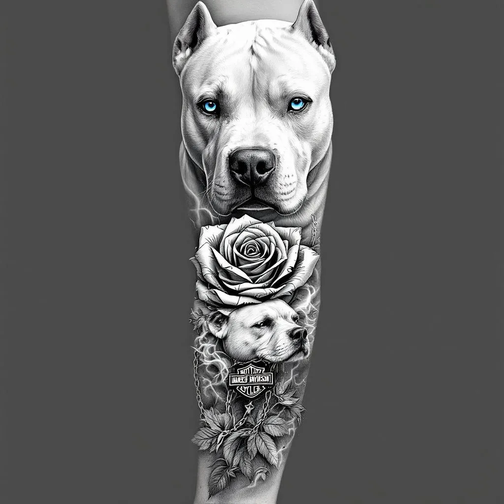 Black and grey realistic tattoo full sleeve design, cohesive flow, high contrast shading.

Main elements:
- Upper part: realistic portrait of an all-white pitbull with strong facial detail, short fur texture, non-erected ears, centered composition, calm but strong expression, ONLY the eyes in bright icy blue, all other elements black and grey.
- middle: detailed money rose made from folded US dollar bills, engraved style linework, highly detailed petals, slightly wrapping for natural flow.
- bottom: Harley Davidson Iron 883 motorcycle, realistic but slightly stylized, clean linework with smooth shading, angled slightly for dynamic composition.

Filler and flow elements:
- Smoke, clouds, and soft shading transitions connecting all pieces
- Subtle chains wrapping through the design
- map, nature blended into background
- Light geometric accents and small stars for detail
- Depth and layering to avoid flat “sticker” look

Style:
- Black and grey realism with fine line detail
- High contrast, smooth shading, no color except the dog’s blue eyes
- Tattoo-ready design with natural body flow (not separate images)
- Clean background, skin breaks for readability
- Professional tattoo sleeve composition

Avoid:
- cartoon style
- bright colors (only blue eyes allowed)
- cluttered or overcrowded layout

