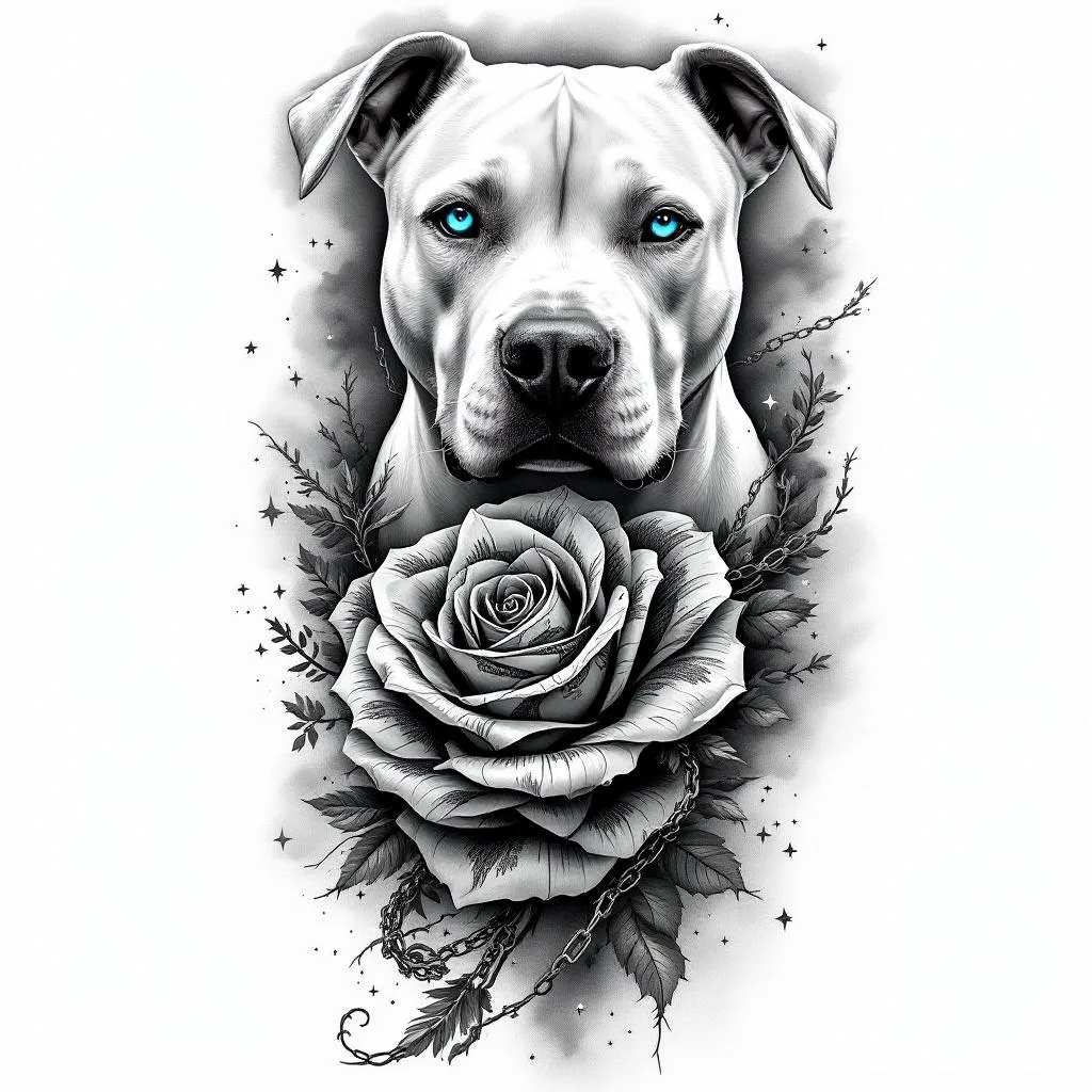 Black and grey realistic tattoo full sleeve design, cohesive flow, high contrast shading.

Main elements:
- Upper part: realistic portrait of an all-white pitbull with strong facial detail, short fur texture, non-erected ears, centered composition, calm but strong expression, ONLY the eyes in bright icy blue, all other elements black and grey.
- middle: detailed money rose made from folded US dollar bills, engraved style linework, highly detailed petals, slightly wrapping for natural flow.
- bottom: Harley Davidson Iron 883 motorcycle, realistic but slightly stylized, clean linework with smooth shading, angled slightly for dynamic composition.

Filler and flow elements:
- Smoke, clouds, and soft shading transitions connecting all pieces
- Subtle chains wrapping through the design
- map, nature blended into background
- Light geometric accents and small stars for detail
- Depth and layering to avoid flat “sticker” look

Style:
- Black and grey realism with fine line detail
- High contrast, smooth shading, no color except the dog’s blue eyes
- Tattoo-ready design with natural body flow (not separate images)
- Clean background, skin breaks for readability
- Professional tattoo sleeve composition

Avoid:
- cartoon style
- bright colors (only blue eyes allowed)
- cluttered or overcrowded layout

