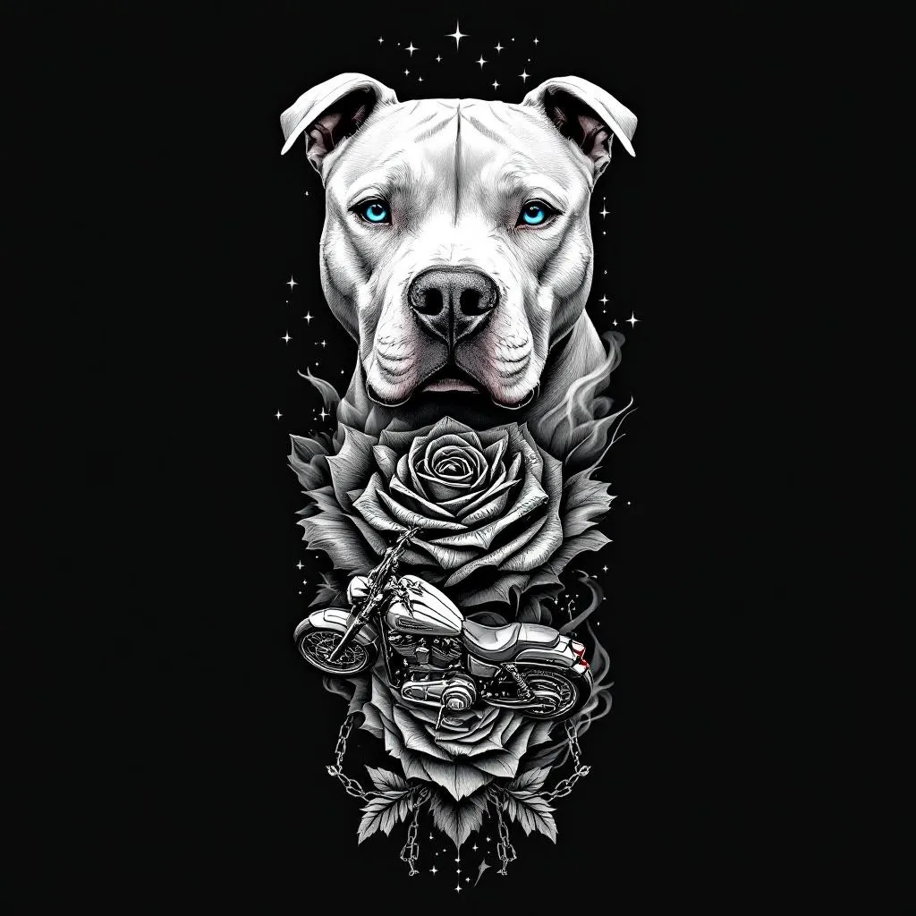 Black and grey realistic tattoo full sleeve design, cohesive flow, high contrast shading.

Main elements:
- Upper part: realistic portrait of an all-white pitbull with strong facial detail, short fur texture, non-erected ears, centered composition, calm but strong expression, ONLY the eyes in bright icy blue, all other elements black and grey.
- middle: detailed money rose made from folded US dollar bills, engraved style linework, highly detailed petals, slightly wrapping for natural flow.
- bottom: Harley Davidson Iron 883 motorcycle, realistic but slightly stylized, clean linework with smooth shading, angled slightly for dynamic composition.

Filler and flow elements:
- Smoke, clouds, and soft shading transitions connecting all pieces
- Subtle chains wrapping through the design
- map, nature blended into background
- Light geometric accents and small stars for detail
- Depth and layering to avoid flat “sticker” look

Style:
- Black and grey realism with fine line detail
- High contrast, smooth shading, no color except the dog’s blue eyes
- Tattoo-ready design with natural body flow (not separate images)
- Clean background, skin breaks for readability
- Professional tattoo sleeve composition

Avoid:
- cartoon style
- bright colors (only blue eyes allowed)
- cluttered or overcrowded layout

