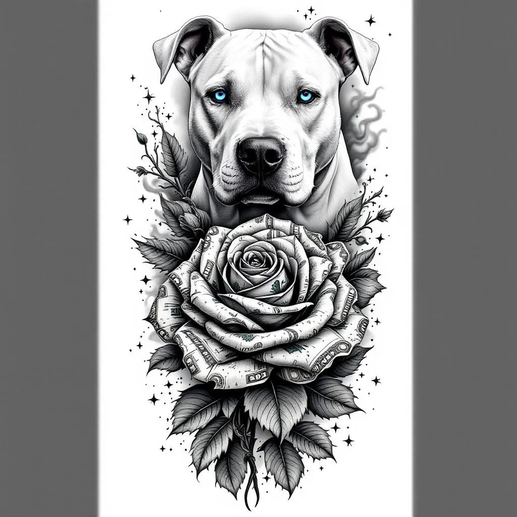 Black and grey realistic tattoo full sleeve design, cohesive flow, high contrast shading.

Main elements:
- Upper part: realistic portrait of an all-white pitbull with strong facial detail, short fur texture, non-erected ears, centered composition, calm but strong expression, ONLY the eyes in bright icy blue, all other elements black and grey.
- middle: detailed money rose made from folded US dollar bills, engraved style linework, highly detailed petals, slightly wrapping for natural flow.
- bottom: Harley Davidson Iron 883 motorcycle, realistic but slightly stylized, clean linework with smooth shading, angled slightly for dynamic composition.

Filler and flow elements:
- Smoke, clouds, and soft shading transitions connecting all pieces
- Subtle chains wrapping through the design
- map, nature blended into background
- Light geometric accents and small stars for detail
- Depth and layering to avoid flat “sticker” look

Style:
- Black and grey realism with fine line detail
- High contrast, smooth shading, no color except the dog’s blue eyes
- Tattoo-ready design with natural body flow (not separate images)
- Clean background, skin breaks for readability
- Professional tattoo sleeve composition

Avoid:
- cartoon style
- bright colors (only blue eyes allowed)
- cluttered or overcrowded layout

