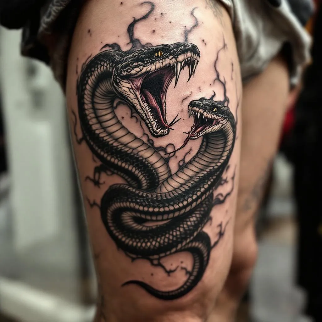 Photorealistic tattoo rendered on skin: two libertarian snakes, coiled and aggressive, black-and-grey realism, placed on a male model's thigh as a full-thigh piece. Visible skin texture, natural lighting, subtle pores, medium skin tone.

make it big mouth open and fully thigh sleeve