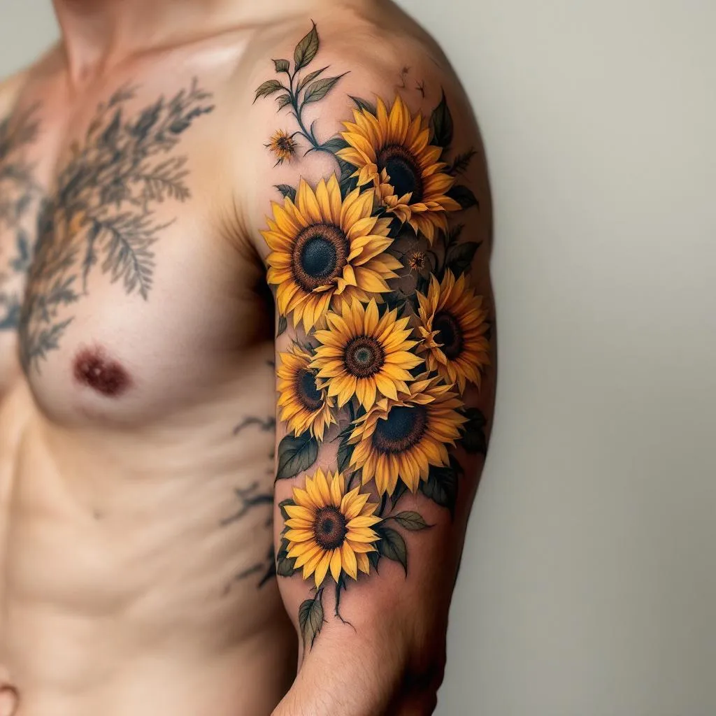 Male Model, Floral, Sunflowers Tattoo
