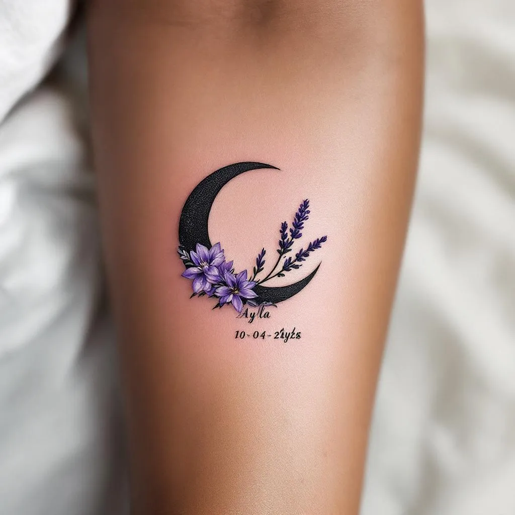 Crescent Moon, Lavender, Watercolor Accents Tattoo