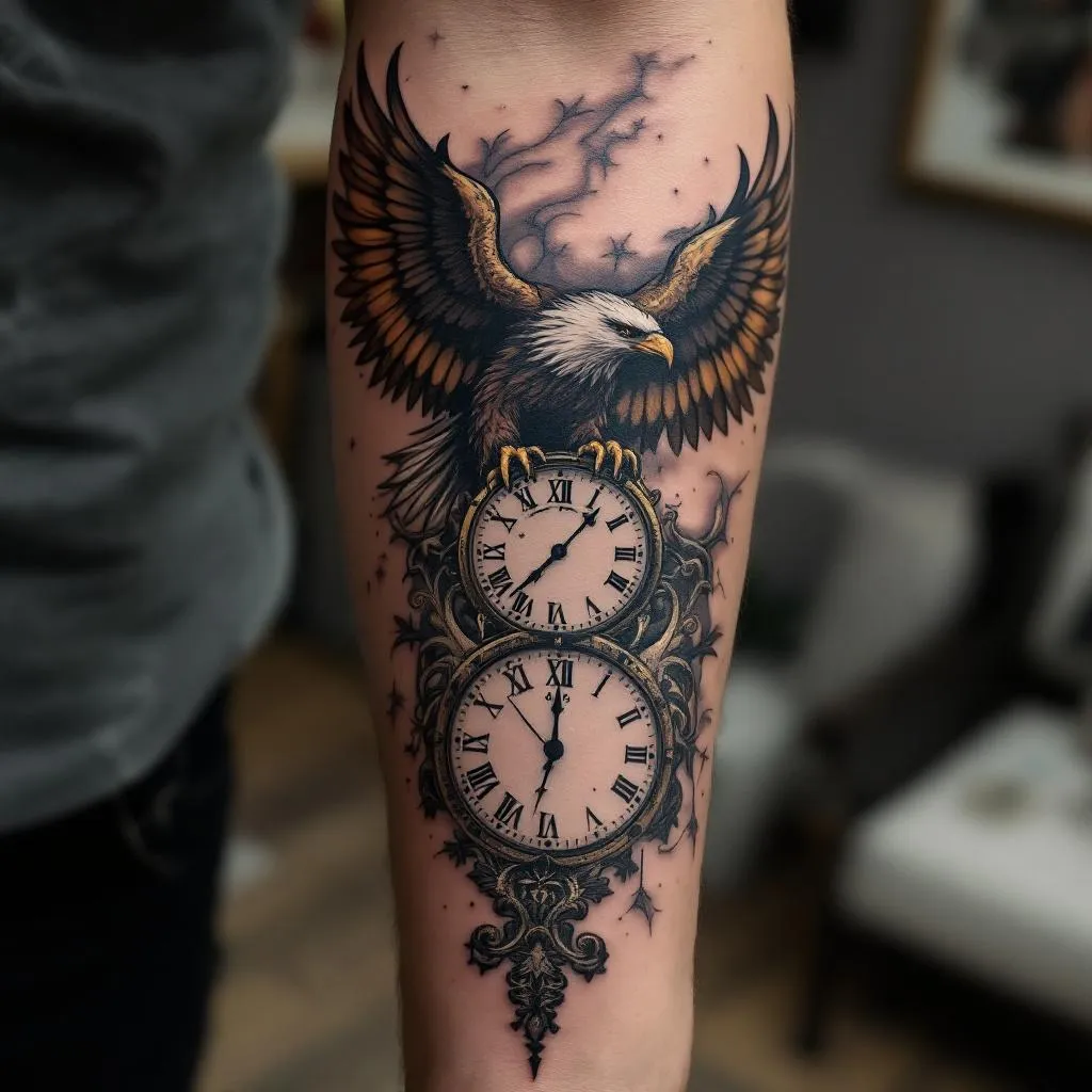 I want an inner forearm tattoo with an eagle on the top then below it a clock and then on the wrist the date 1st of november 2019 
