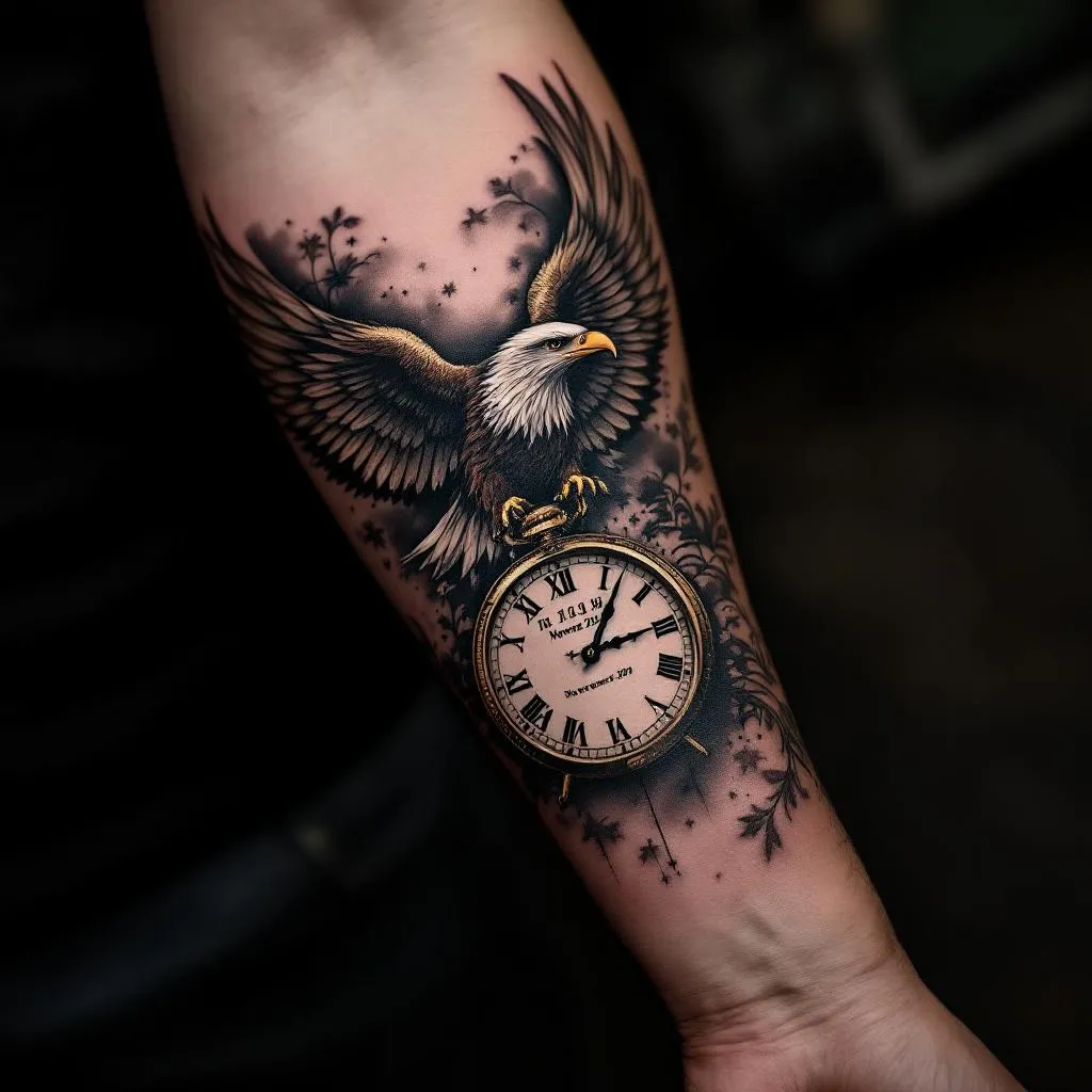Inner forearm tattoo big eagle below big eagle design one clock and then below clock roman numerals with the date 1st of november 2019 on the wrist and make it cover the whole forearm 
