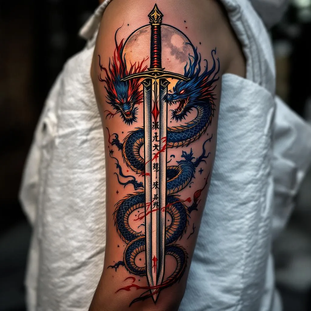 design a tattoo: 
an upward dragon slaying sword with hints of red and unreadable microscript on the blade
a twin headed chinese dragon around the sword battle ready and holding it the 2 heads of the dragon should be opposites, one should have hints or red and the other hints of blue
add a full moon above the dragon but behind the blade and a small red arrow above the moon
