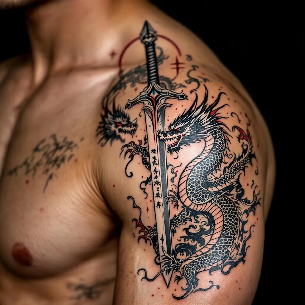 design a tattoo: 
an upward dragon slaying sword with hints of red and unreadable microscript on the blade
a twin headed chinese dragon around the sword battle ready and holding it the 2 heads of the dragon should be opposites, one should have hints or red and the other hints of blue
add a full moon above the dragon but behind the blade and a small red arrow above the moon
make the tattoo mostly black and more aesthetic and clean