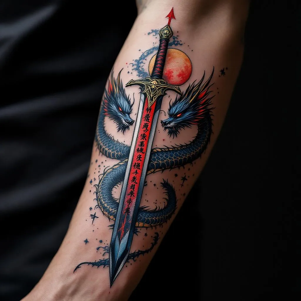 design a tattoo: 
an upward dragon slaying sword with hints of red and unreadable microscript on the blade
a twin headed chinese dragon around the sword battle ready and holding it the 2 heads of the dragon should be opposites, one should have hints or red and the other hints of blue
add a full moon above the dragon but behind the blade and a small red arrow above the moon
make the tattoo mostly black and more aesthetic and clean make it for the inner forearm and not very big
