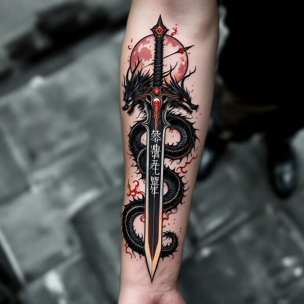 Model Gender Unspecified, Inner Forearm, Sword And Dragon Tattoo