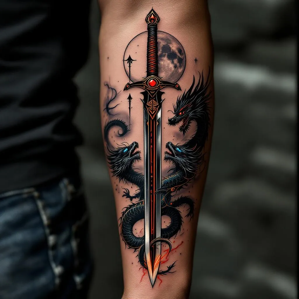 make a tattoo design
an up pointing sword that has a fiery, war like, dark and strong presence with a big red gem on the rain guard and pommel and micro script on the blade in the form of runes
a twin headed chinese dragon which is battle ready along the sword holding the blade one head should have a hint of blue and blue eyes and the other head should have a hint of red and red eyes the dragon should not be too big or spread out and should be mostly black 
make a moon above the dragon and behind the sword and an arrow above the moon add a little geometric element as well
make the tattoo suited for the inner forearm and medium sized 
it should be entirely black except for the little color i mentioned
make the tattoo symmetrical and centered on the swords axis but dont compromise on any instruction ive given
