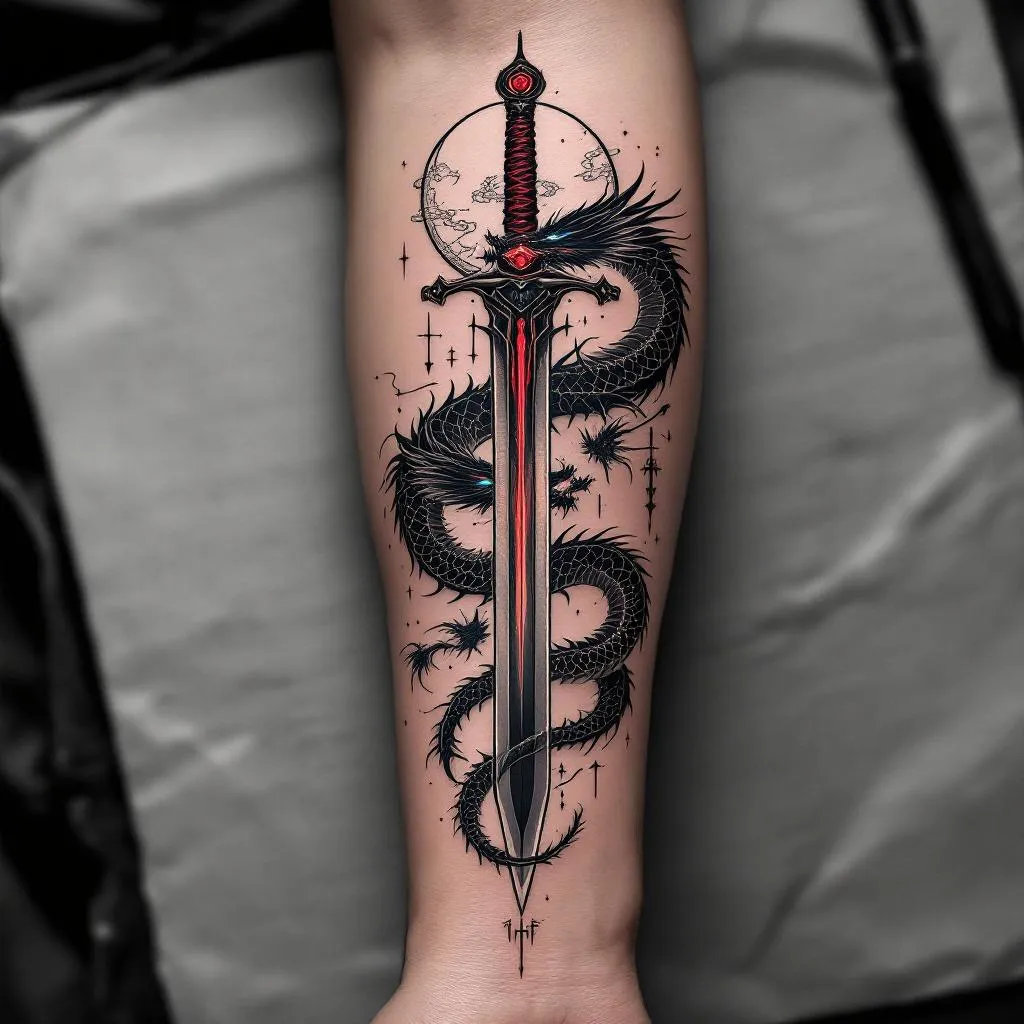 make a tattoo design
an up pointing sword that has a fiery, war like, dark and strong presence with a big red gem on the rain guard and pommel and micro script on the blade in the form of runes
a twin headed chinese dragon which is battle ready along the sword holding the blade one head should have a hint of blue and blue eyes and the other head should have a hint of red and red eyes the dragon should not be too big or spread out and should be mostly black 
make a moon above the dragon and behind the sword and an arrow above the moon add a little geometric element as well
make the tattoo suited for the inner forearm and medium sized 
it should be entirely black except for the little color i mentioned
make the tattoo symmetrical and centered on the swords axis
98% black and white and not to compromise on any instruction 
make it really aesthetic minimal and realistic