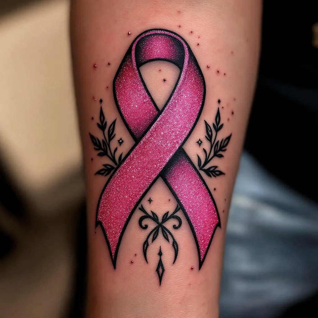 Pink Glitter Ribbon, Breast Cancer Awareness, Forearm Tattoo