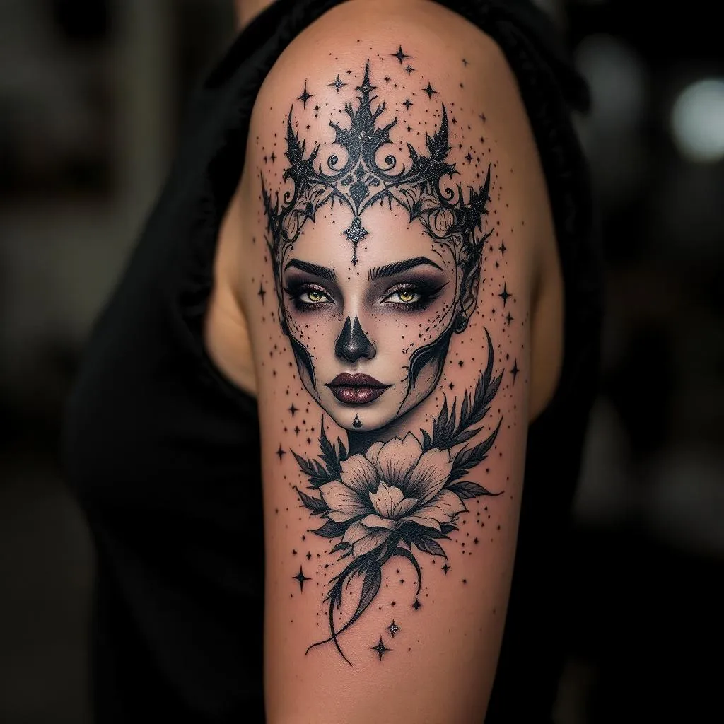 Female Model, Glittered, Upper Arm Tattoo