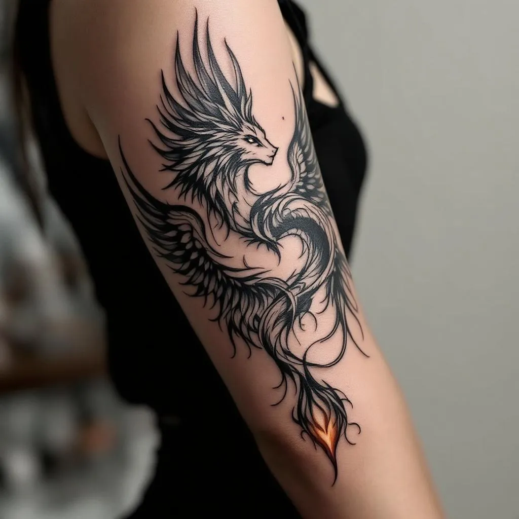 Je veux un tatouage de phénix qui recouvre le tatouage que jai au niveau du bras et je veux des flamme au niveau de l'avant bras