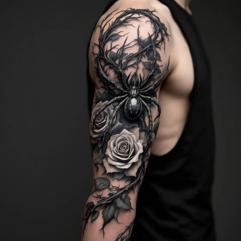 Photorealistic tattoo rendered on a real male model's right arm, full sleeve from shoulder to wrist. Visible skin, natural lighting, skin texture visible. Thorns and roses intertwine with a spider perched on the tricep, flowing along the arm. Style: hyperrealistic black and gray with subtle color accents. Skin Tone: Medium. Gender: Male.