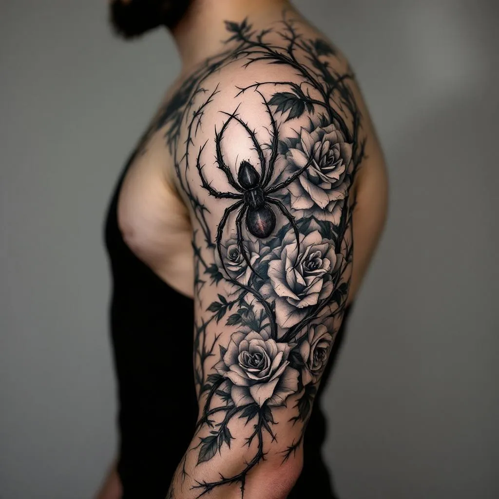 Photorealistic tattoo rendered on a real male model's right arm, full sleeve from shoulder to wrist. Visible skin, natural lighting, skin texture visible. Thorns and roses intertwine with a spider perched on the tricep, flowing along the arm. Style: hyperrealistic black and gray with subtle color accents. Skin Tone: Medium. Gender: Male.