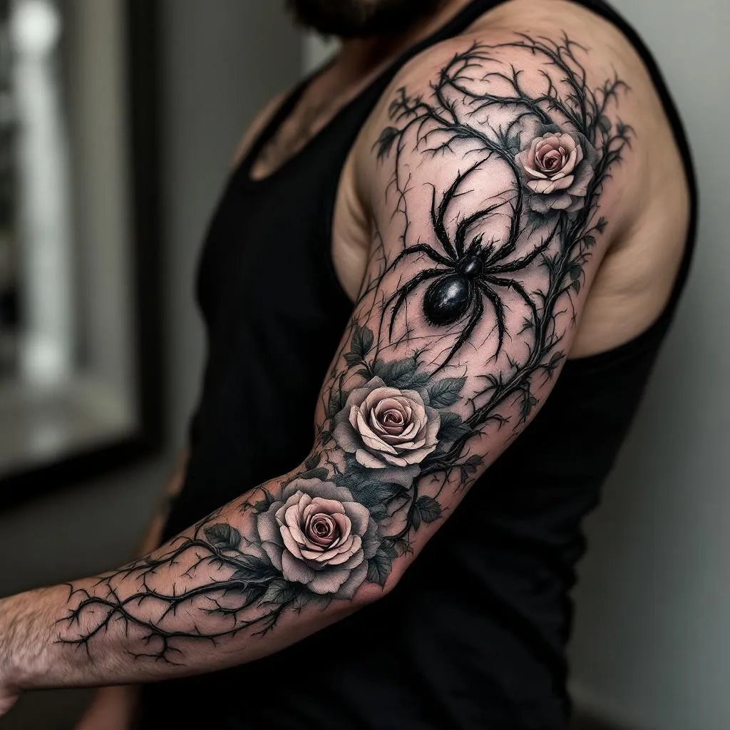 Photorealistic tattoo rendered on a real male model's right arm, full sleeve from shoulder to wrist. Visible skin, natural lighting, skin texture visible. Thorns and roses intertwine with a spider perched on the tricep, flowing along the arm. Style: hyperrealistic black and gray with subtle color accents. Skin Tone: Medium. Gender: Male.