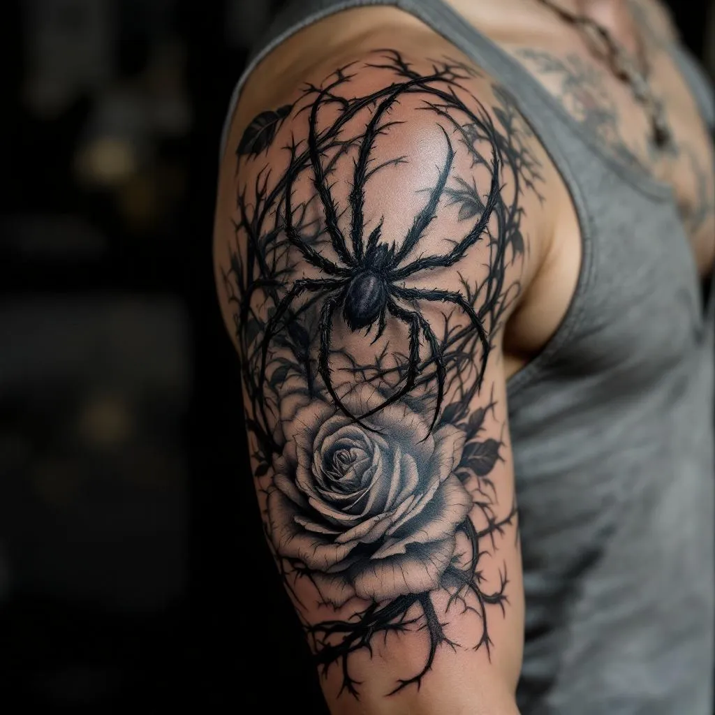 Photorealistic tattoo rendered on a real male model's right arm, full sleeve from shoulder to wrist. Visible skin, natural lighting, skin texture visible. Thorns and roses intertwine with a spider perched on the tricep, flowing along the arm. Style: hyperrealistic black and gray with subtle color accents. Skin Tone: Medium. Gender: Male.