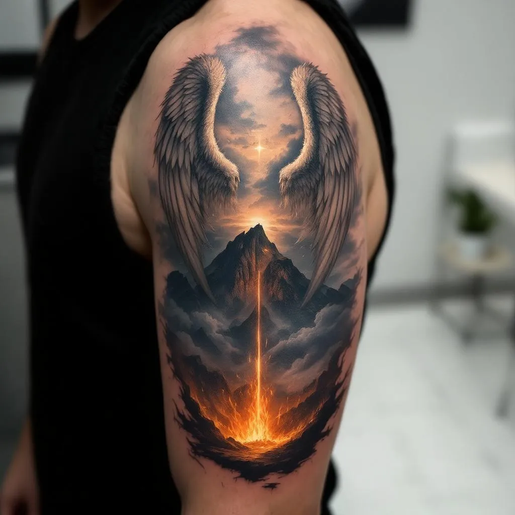 Prompt: Ángeles con paisaje de fondo y abajo un infierno, tatuaje fotorealista en el antebrazo de un hombre de tono medio, piel visible y luz natural. Integrado en el contorno del antebrazo, con sombreado suave, alto realismo, textura de piel y poros, estilo hiperrealista, para parecer parte de la piel, no un diseño sobre papel.