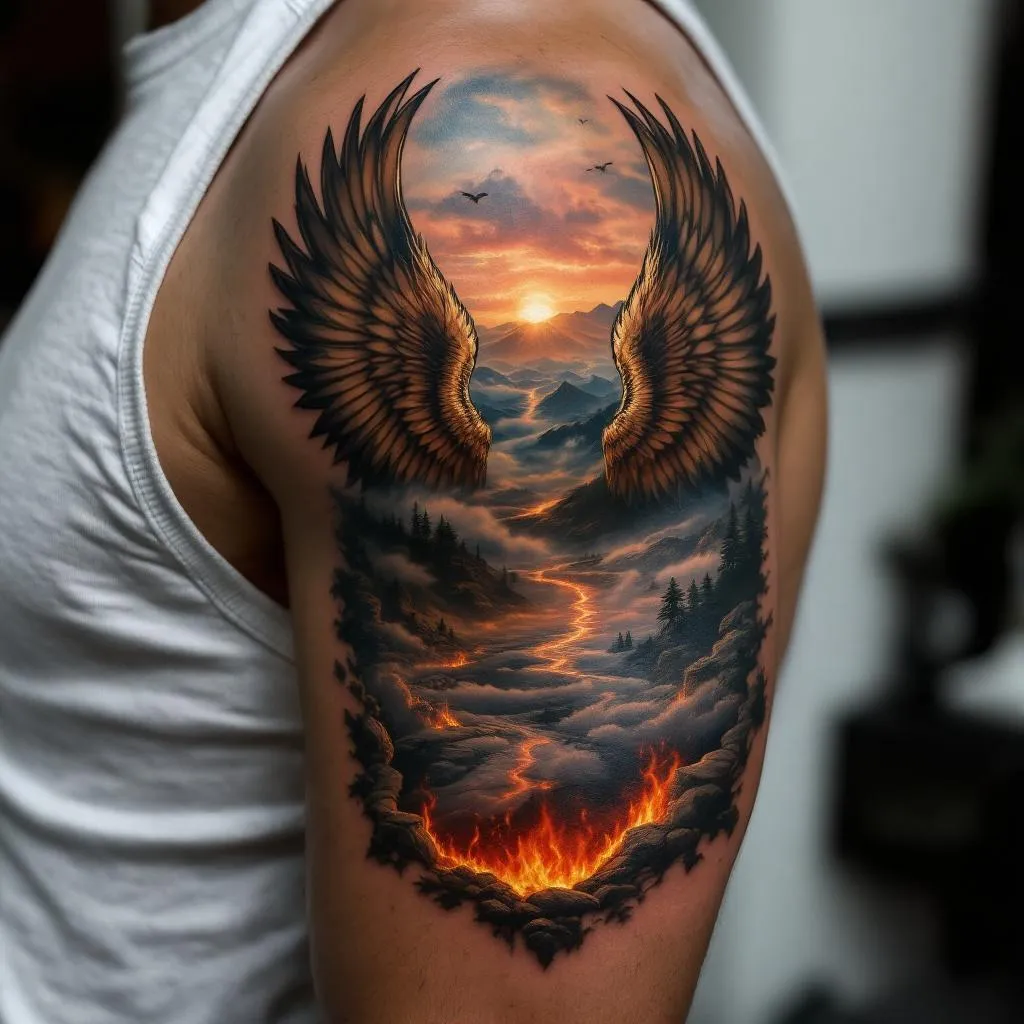 Prompt: Ángeles con paisaje de fondo y abajo un infierno, tatuaje fotorealista en el antebrazo de un hombre de tono medio, piel visible y luz natural. Integrado en el contorno del antebrazo, con sombreado suave, alto realismo, textura de piel y poros, estilo hiperrealista, para parecer parte de la piel, no un diseño sobre papel.