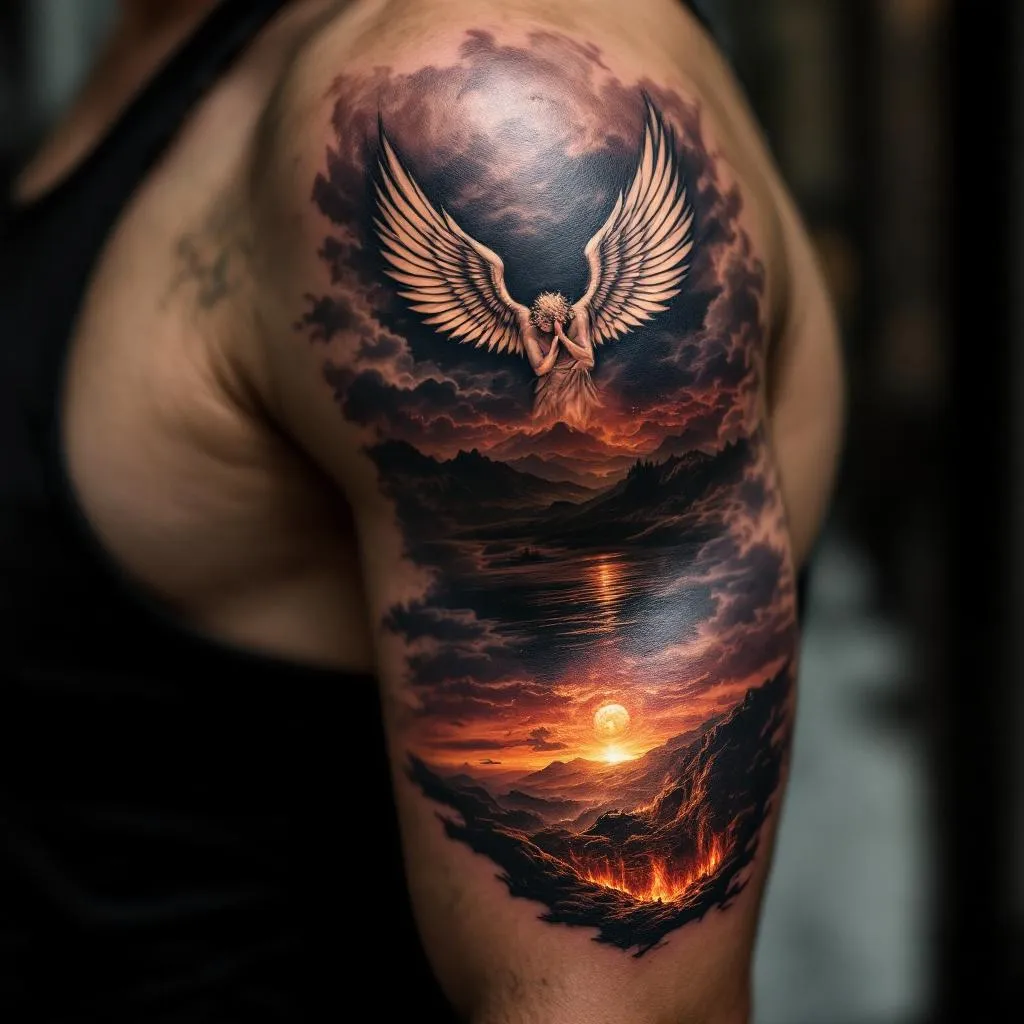 Prompt: Ángeles con paisaje de fondo y abajo un infierno, tatuaje fotorealista en el antebrazo de un hombre de tono medio, piel visible y luz natural. Integrado en el contorno del antebrazo, con sombreado suave, alto realismo, textura de piel y poros, estilo hiperrealista, para parecer parte de la piel, no un diseño sobre papel.