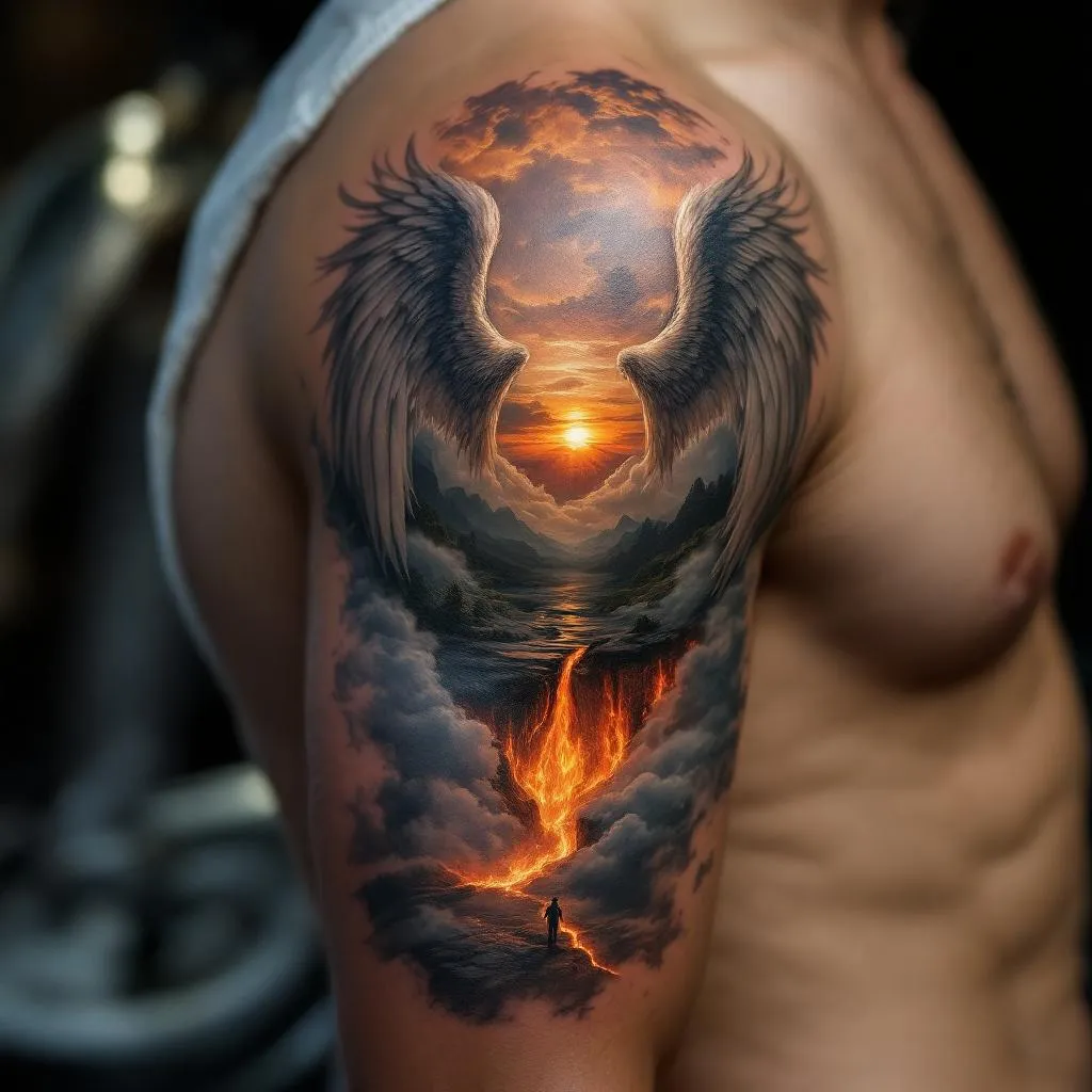 Prompt: Ángeles con paisaje de fondo y abajo un infierno, tatuaje fotorealista en el antebrazo de un hombre de tono medio, piel visible y luz natural. Integrado en el contorno del antebrazo, con sombreado suave, alto realismo, textura de piel y poros, estilo hiperrealista, para parecer parte de la piel, no un diseño sobre papel.