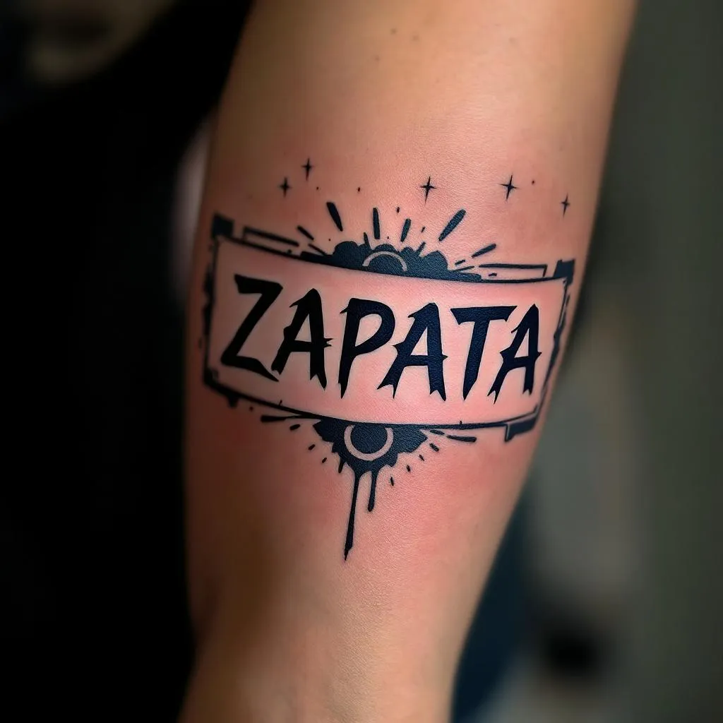 Word, Zapata, Banner Lettering Tattoo