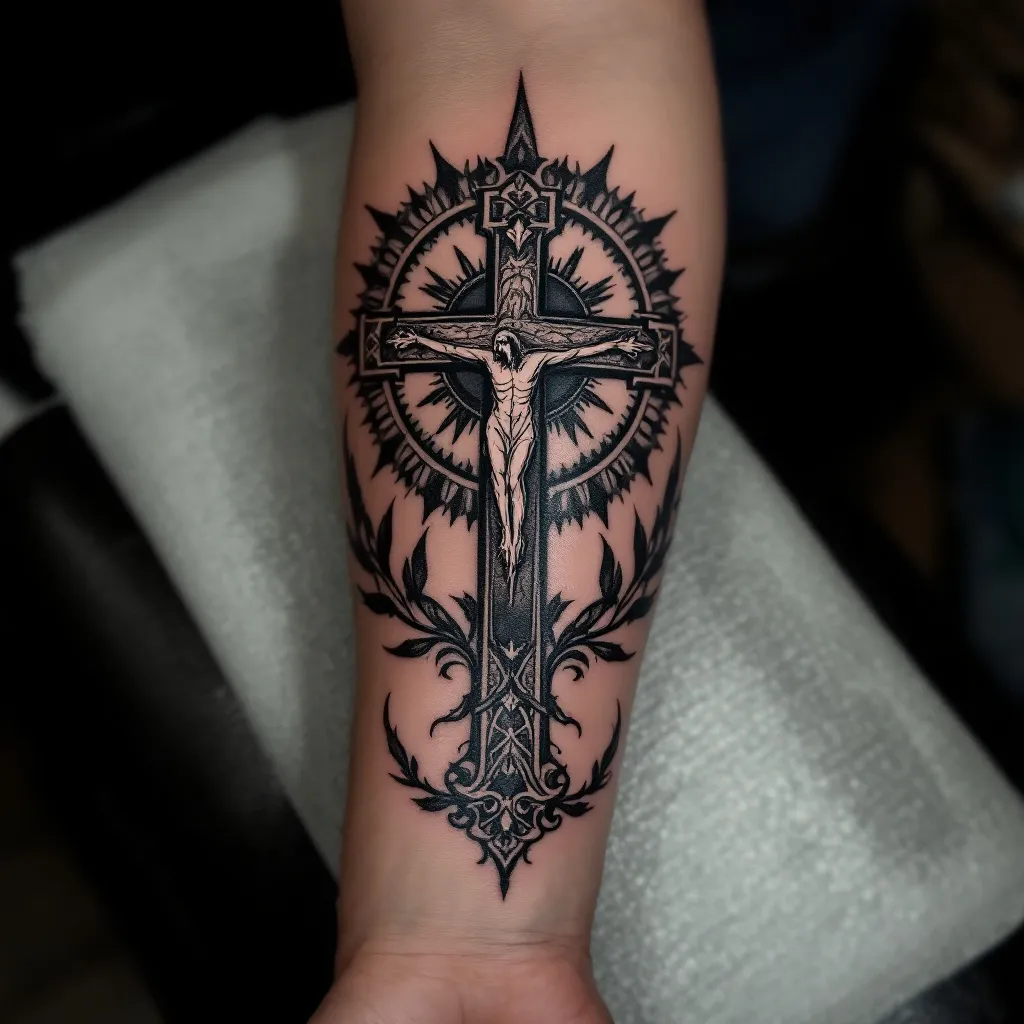 Create a gothic christian forearm tattoo 