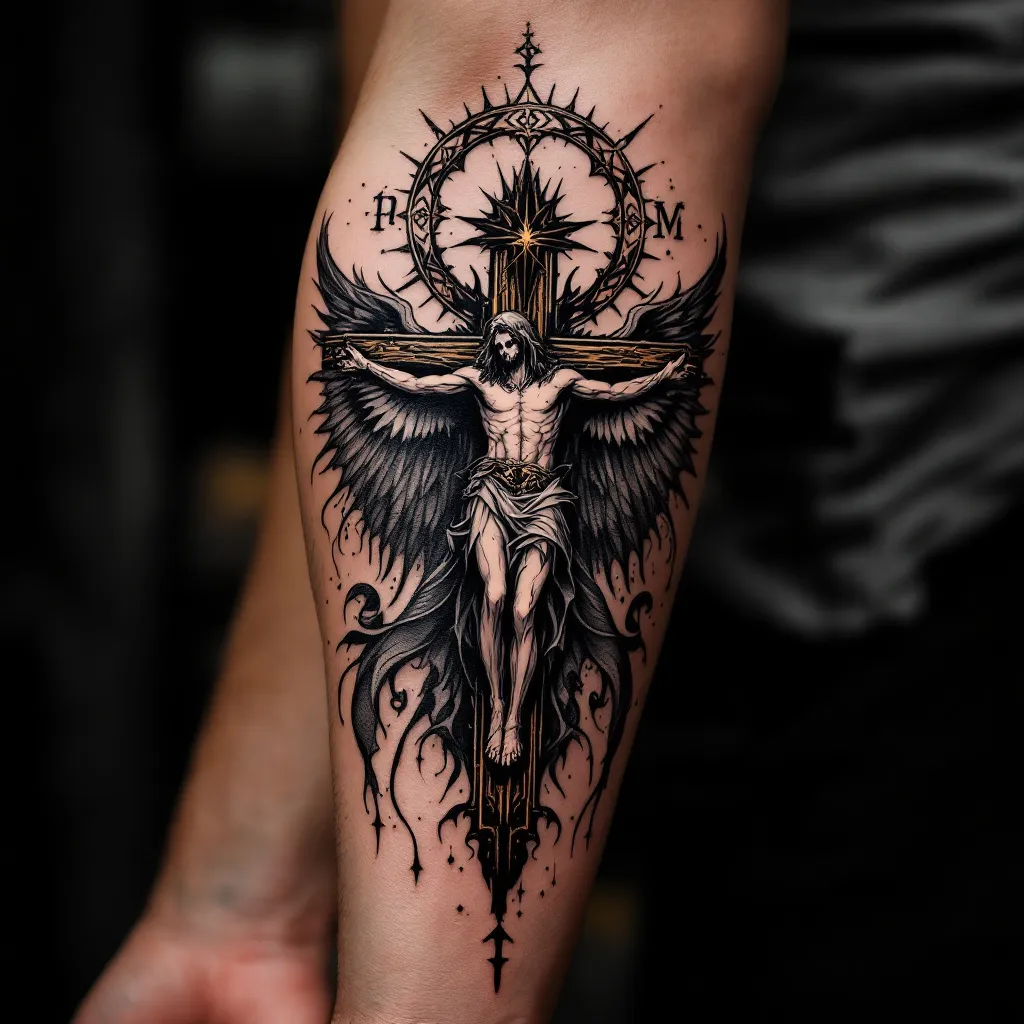 Create a gothic christian forearm tattoo 