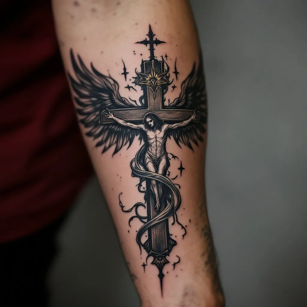 Create a gothic christian forearm tattoo 
