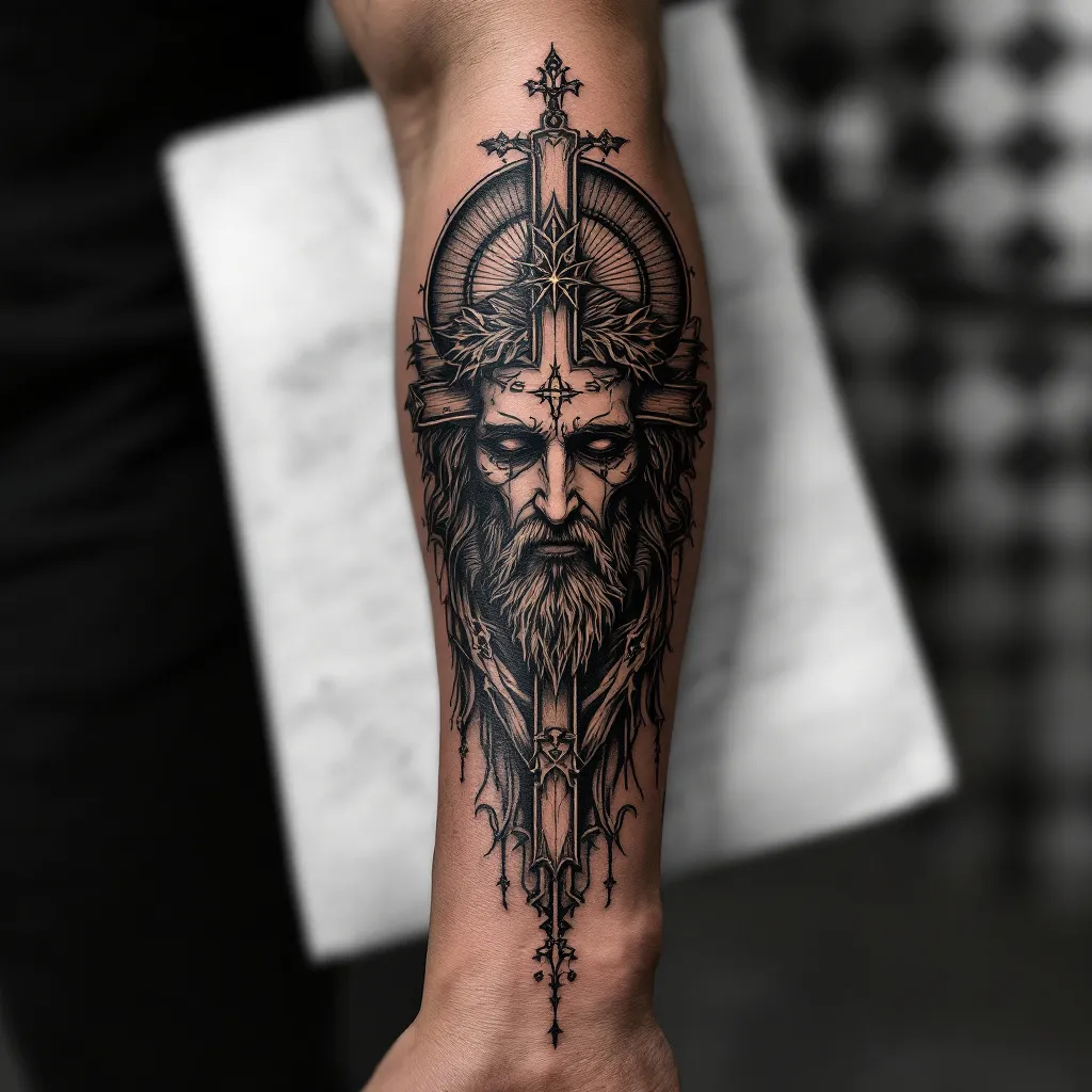 Create a gothic christian forearm tattoo 
