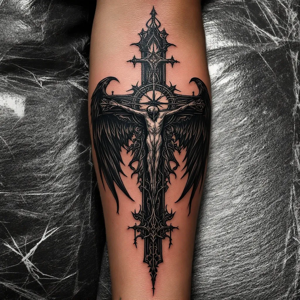 Create a gothic christian forearm tattoo 