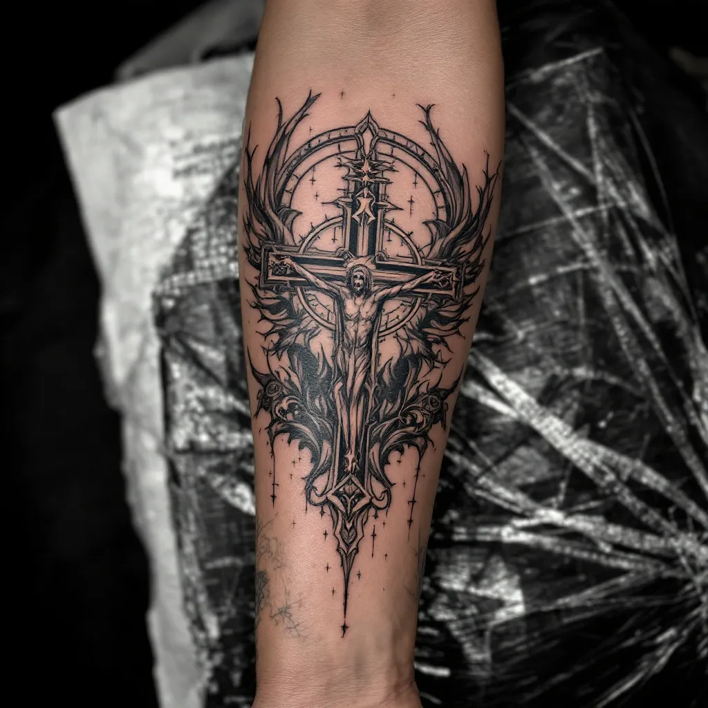 Create a gothic christian forearm tattoo 