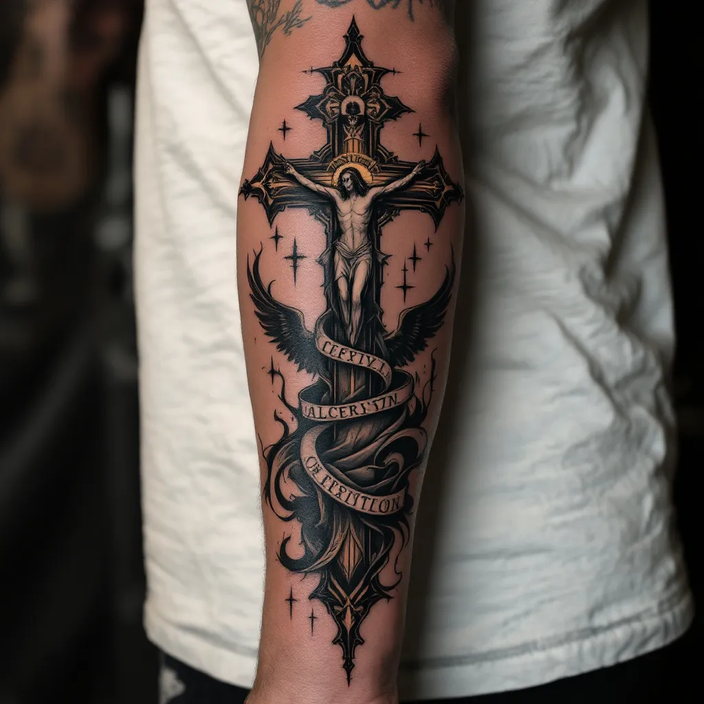 Create gothic christian forearm Tattoo