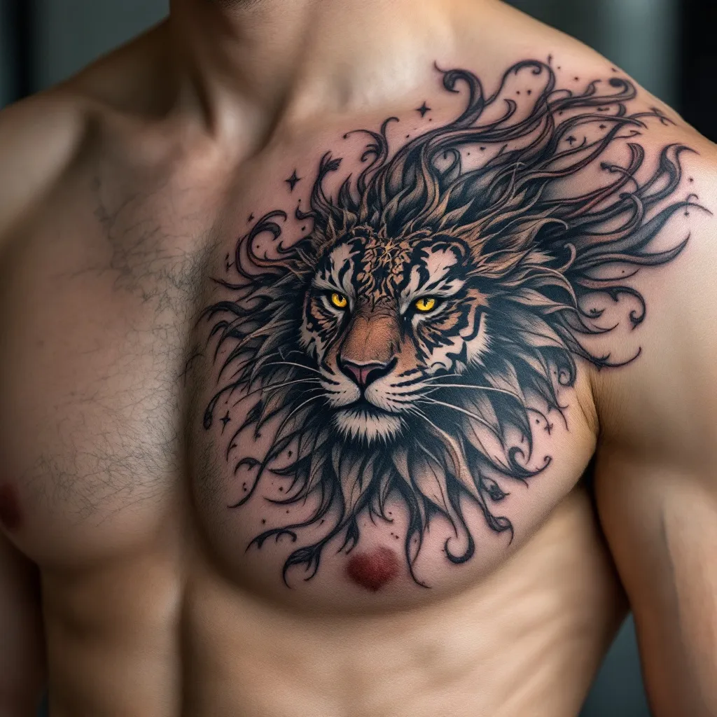 I already have a tattoo under the right side of my chest middle ribs 
now I want something what comes in a smooth way and combines the excisting tattoo I already have
its important that the tattoo should be only on the right half on the chest and a bit of the shoulder as well
