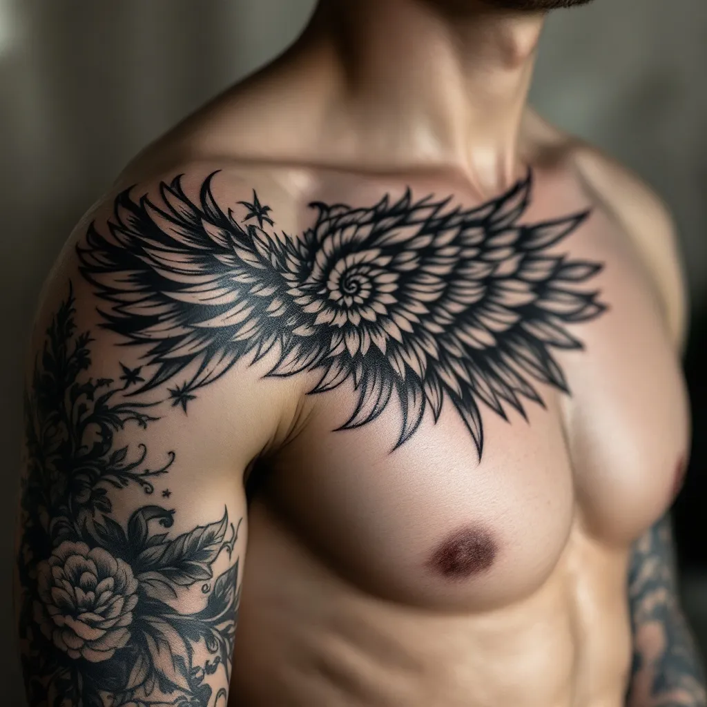ok you see the excisting tattoo attached
I want to add something on the right side of the chest and up to the shoulder as well
it should assimilate to the wing tattoo so it looks like its attached to it
