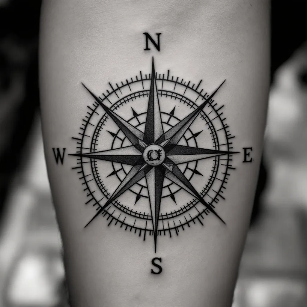 tattoo design in realistic style, back and white. Compass with two names Alex and Jacob on the inside rim where you can see directions of the world on the north side of the compass. Underneath the needle I want two crossed fingerprints, not too big, no cardinal direction motif